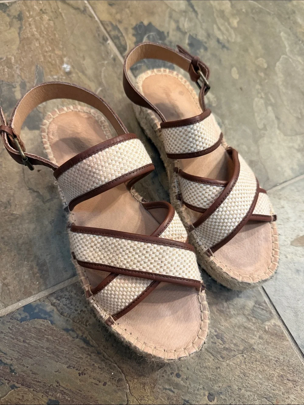 Madewell Cream and Brown Woven Espadrille Wedge Sandals